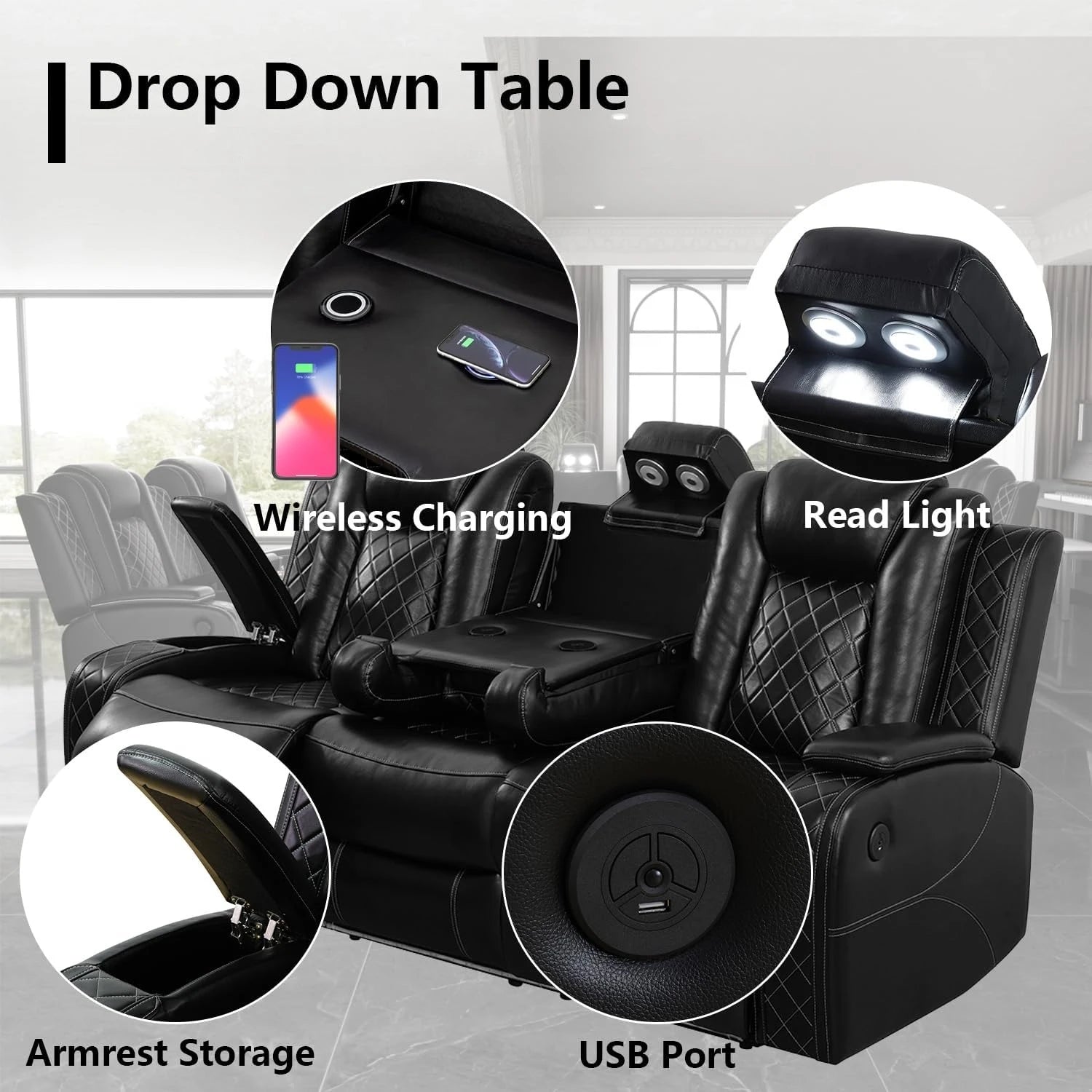 Power Recliner Sofa Set with LED Light for Living Room Furniture