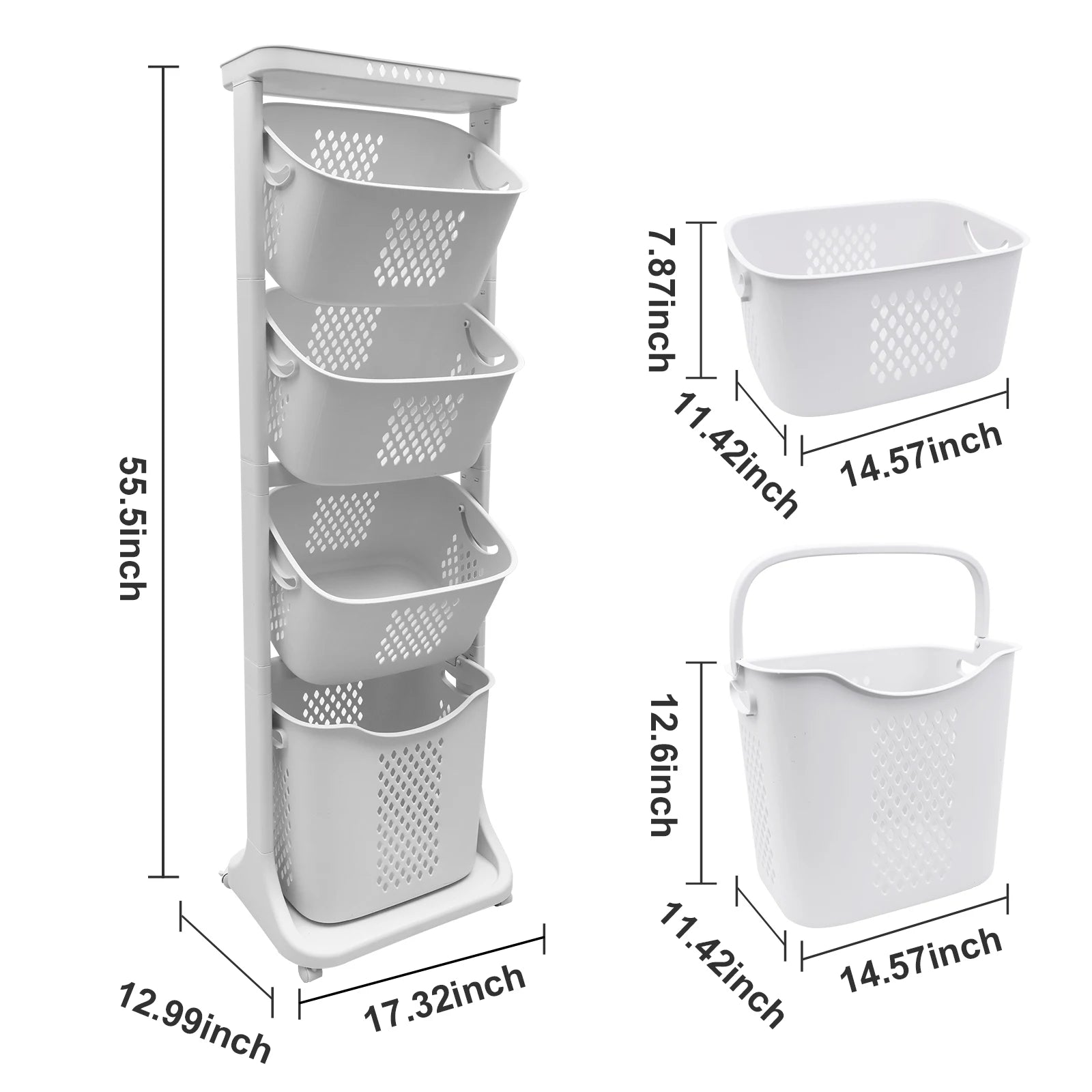 2/4 Tier Laundry Basket Cart Removable Storage Buckets Plastic Hamper with 4 Wheels White