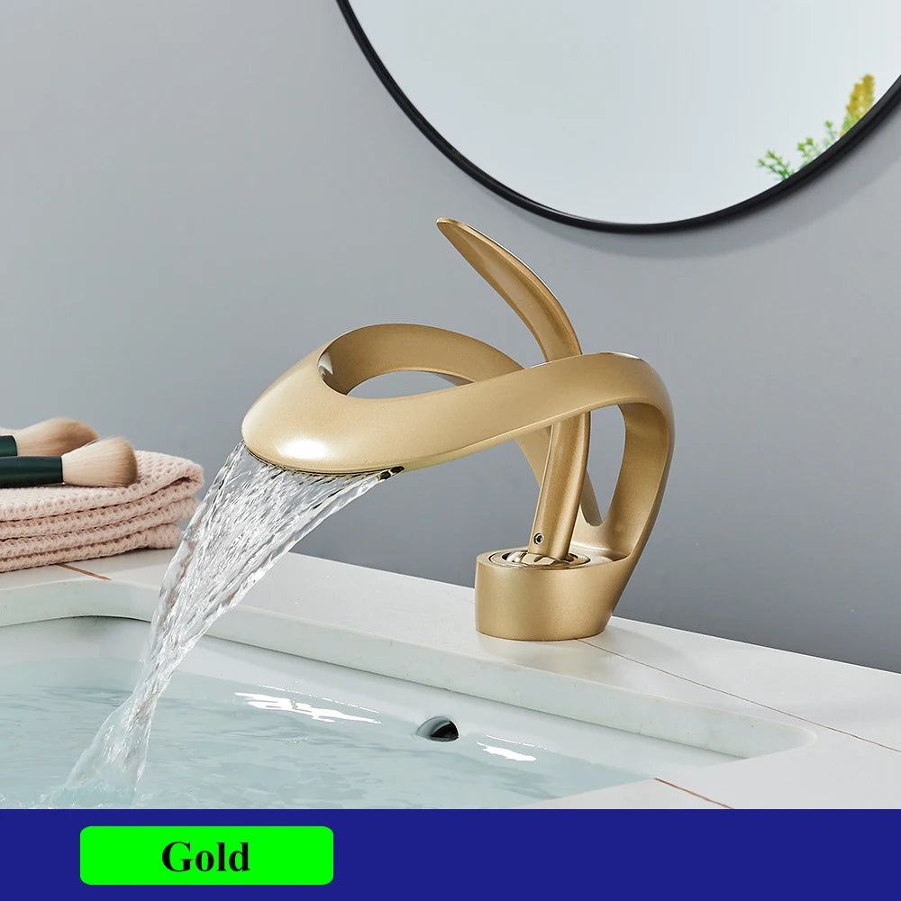 Waterfall Creative Bathroom Basin Faucet Sink Faucet Deck Mounted Hot Cold Water Mixer Crane Brass Body Single Hole Taps