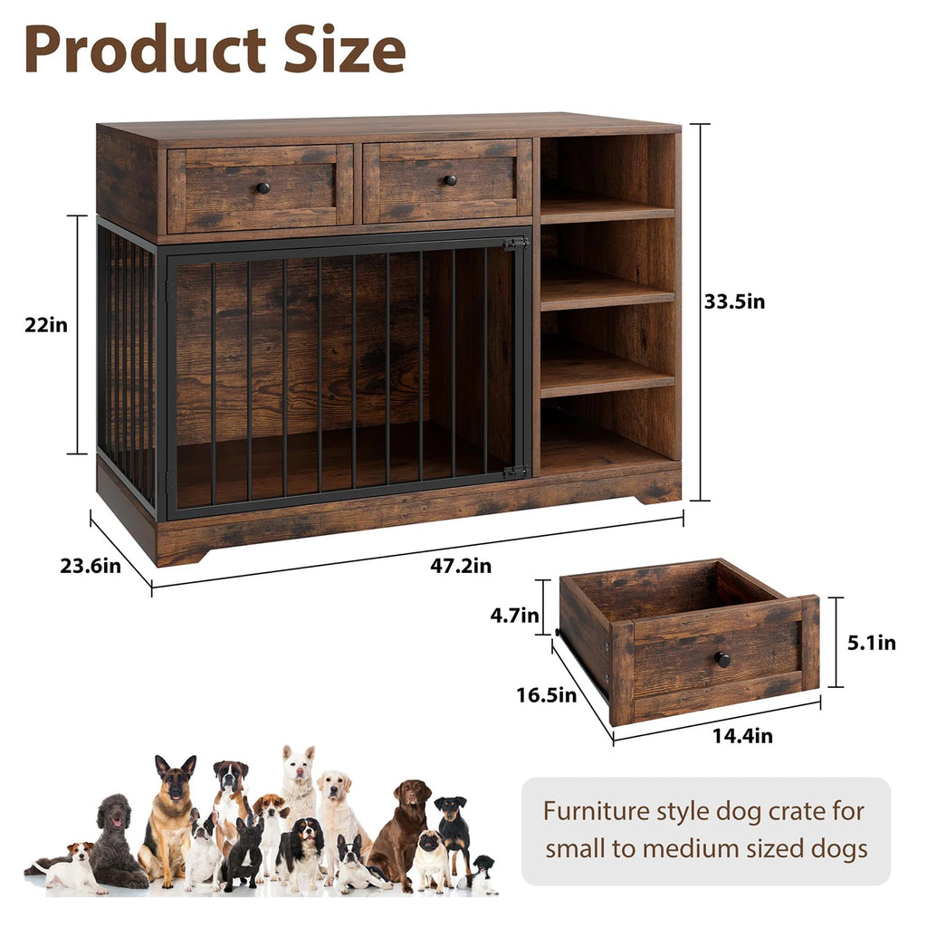 47" Indoor Dog Crate With 2 Drawers & 4 Shelves