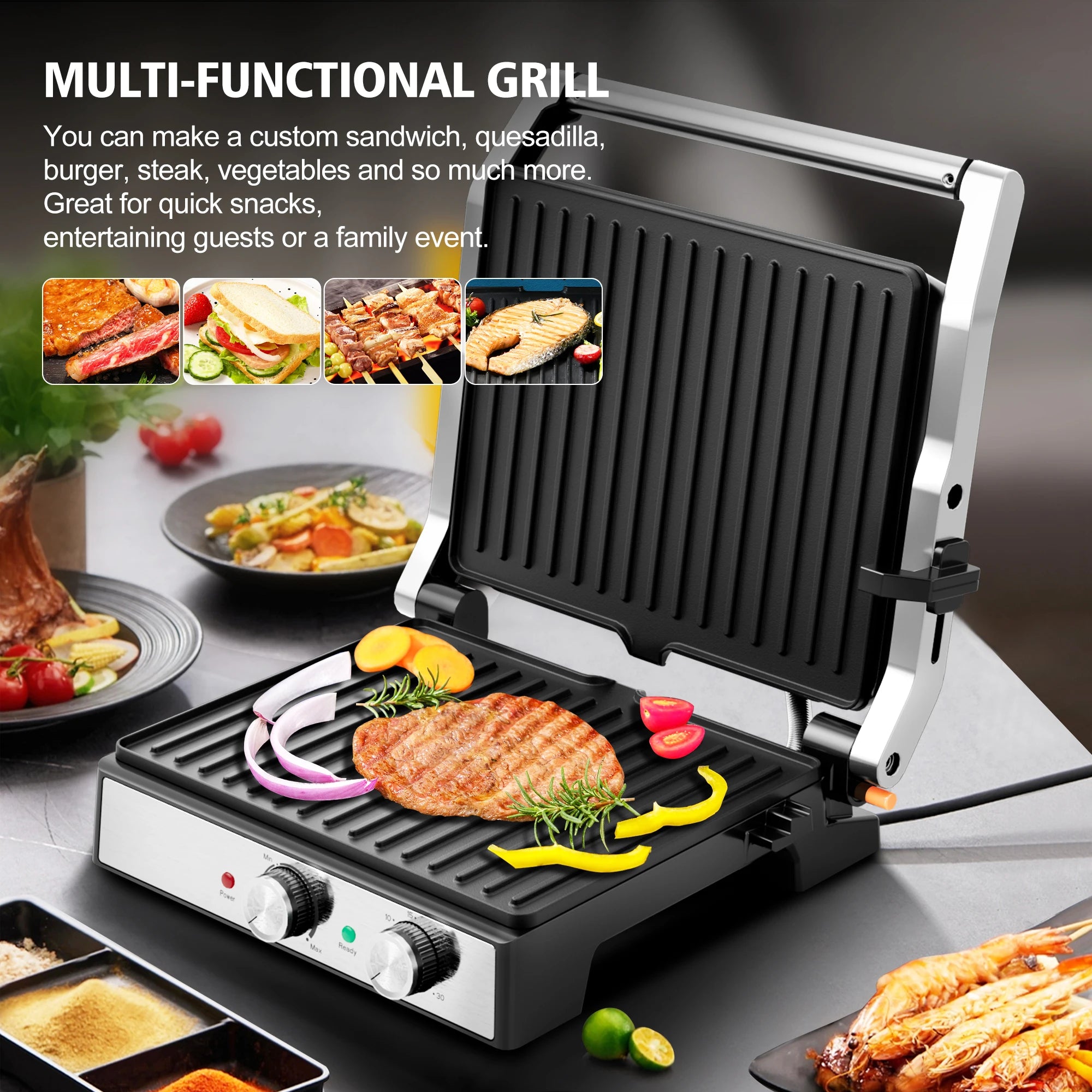 1600W 4-Slice Panini Press With Timer, Adjustable Temp & 180° Opening