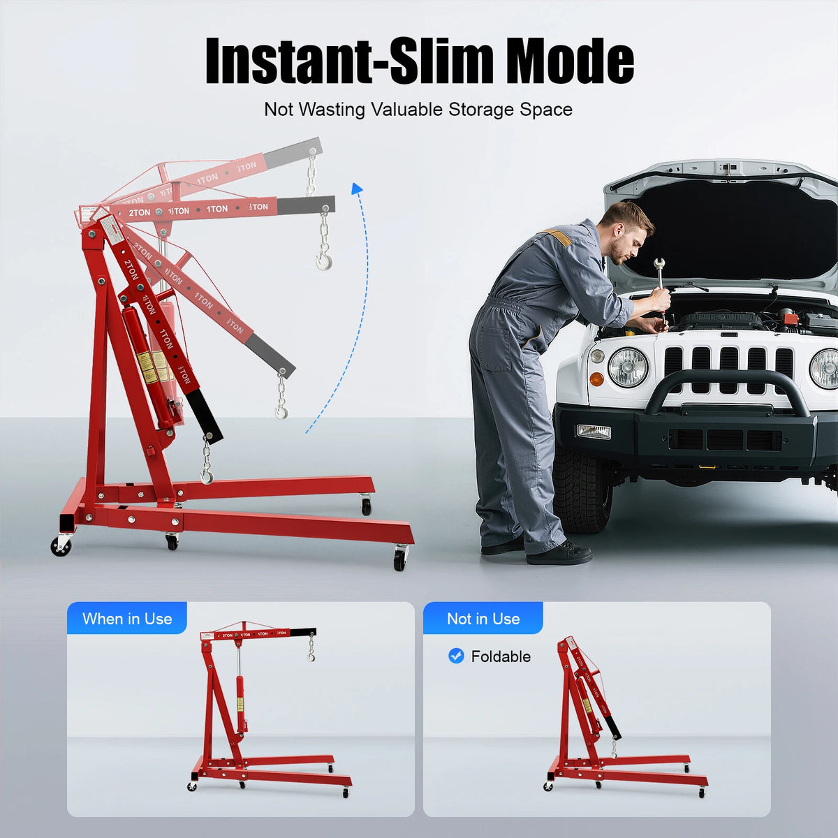 2T/4409lbs Folding Hydraulic Powered Engine Hoist Carbon Steel with 6 Iron Caster Wheels 0-6.89ft Lifting Height Range