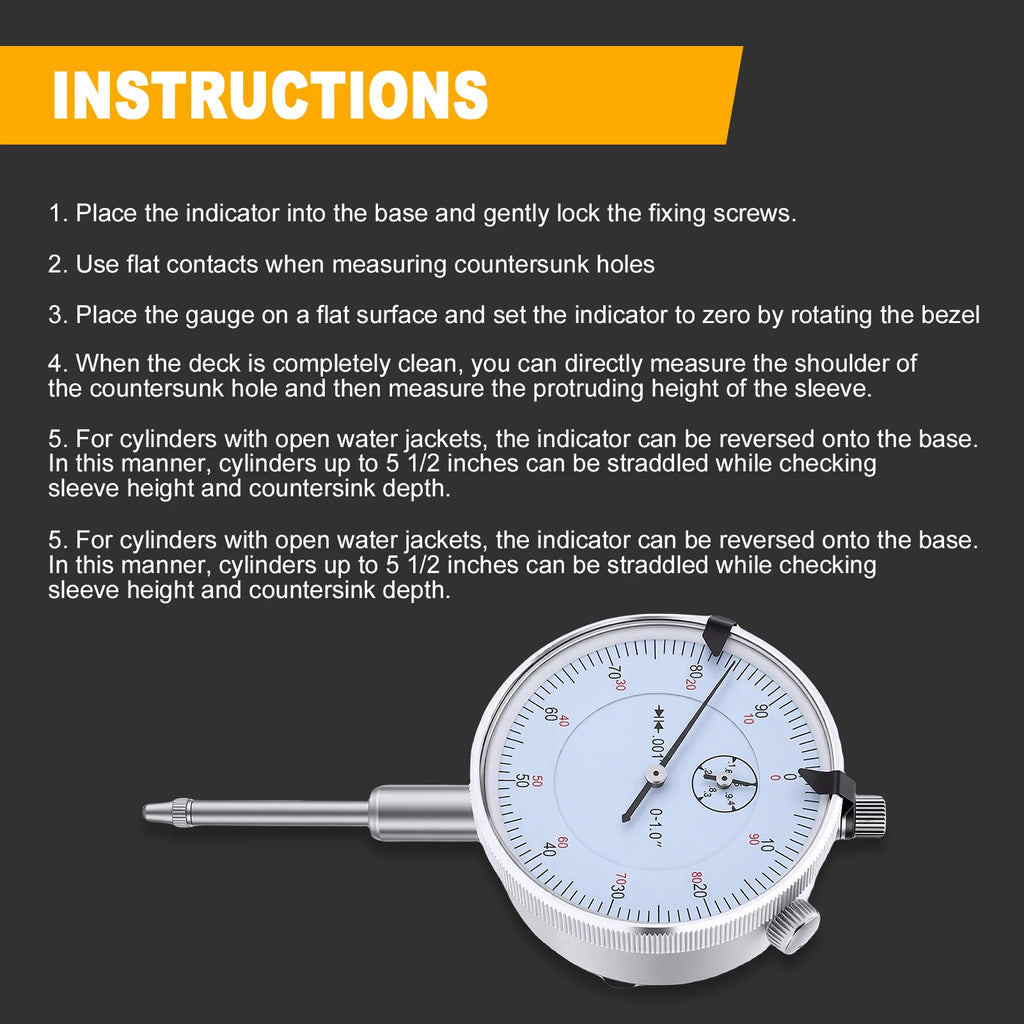 Sleeve Height and Counter Bore Gauge for All Compression-Ignition Engines Portable Cylinder Bore Gauge 0-1.00" Range 0.001"
