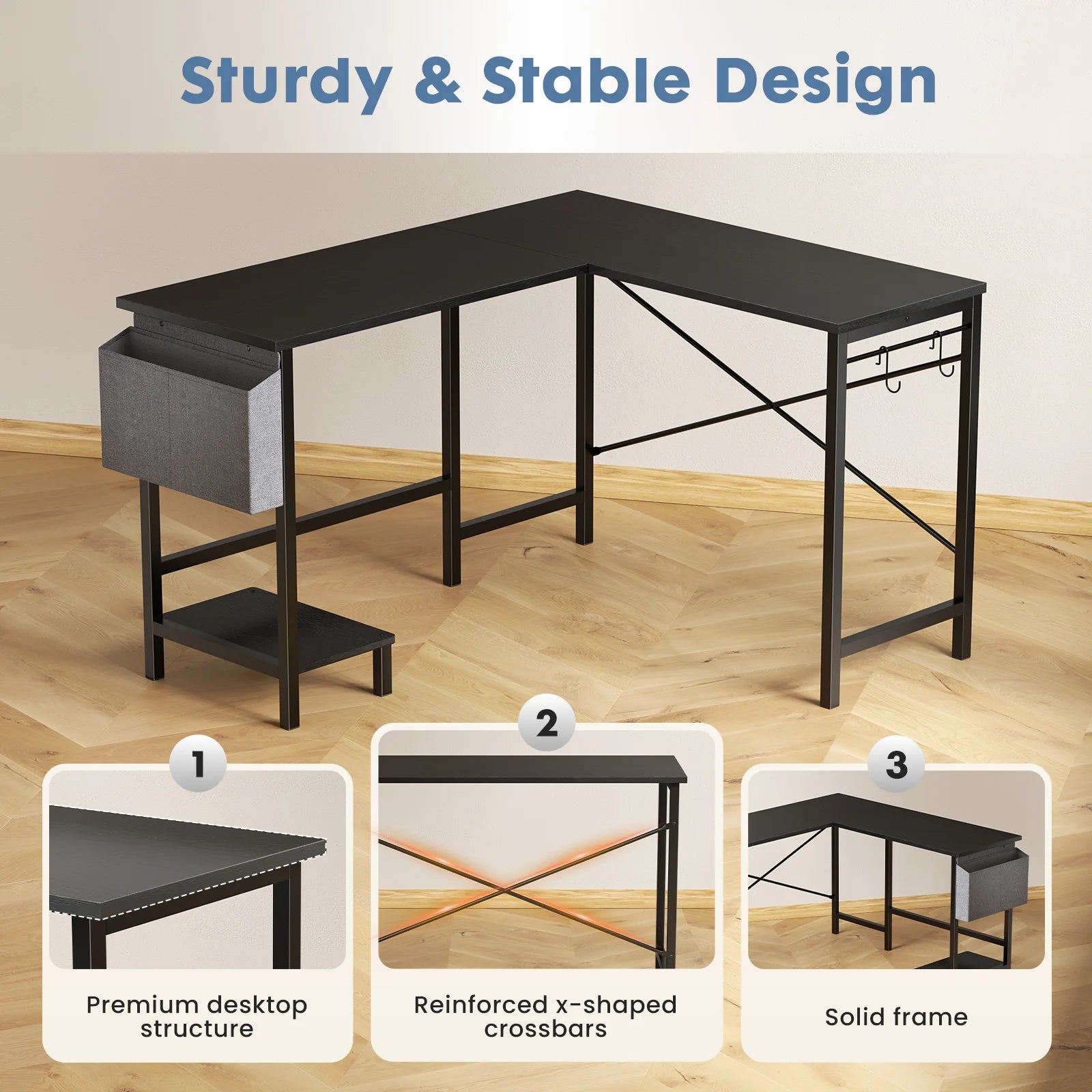 L Shaped Standing Office Computer Desk with Storage Bag and Side Hook