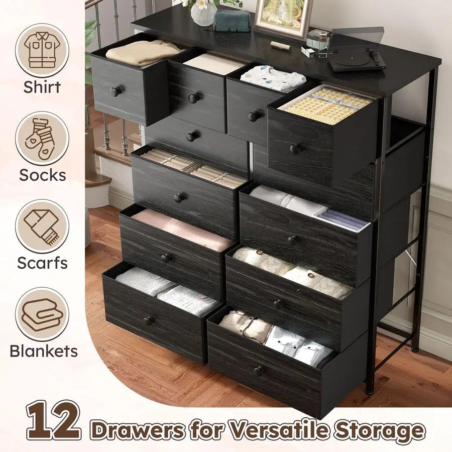 Dresser for Bedroom with 12 Drawers, Fabric Dressers amp Chest of Drawers with Sturdy Metal Frame, Wood Top, for Woman, 40.6 W x