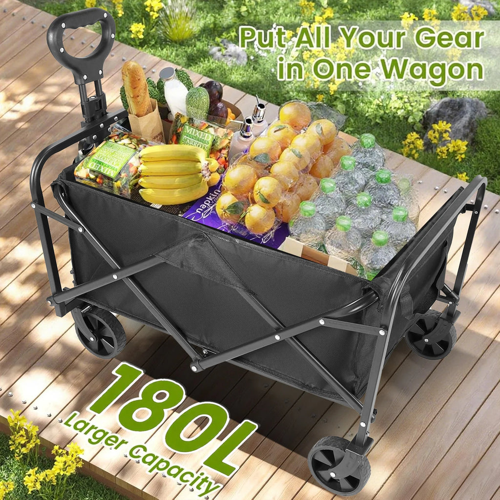 Heavy Duty Foldable, Portable Wagons for Groceries, Beach Cart with All-Terrain Wheels  Drink Holders