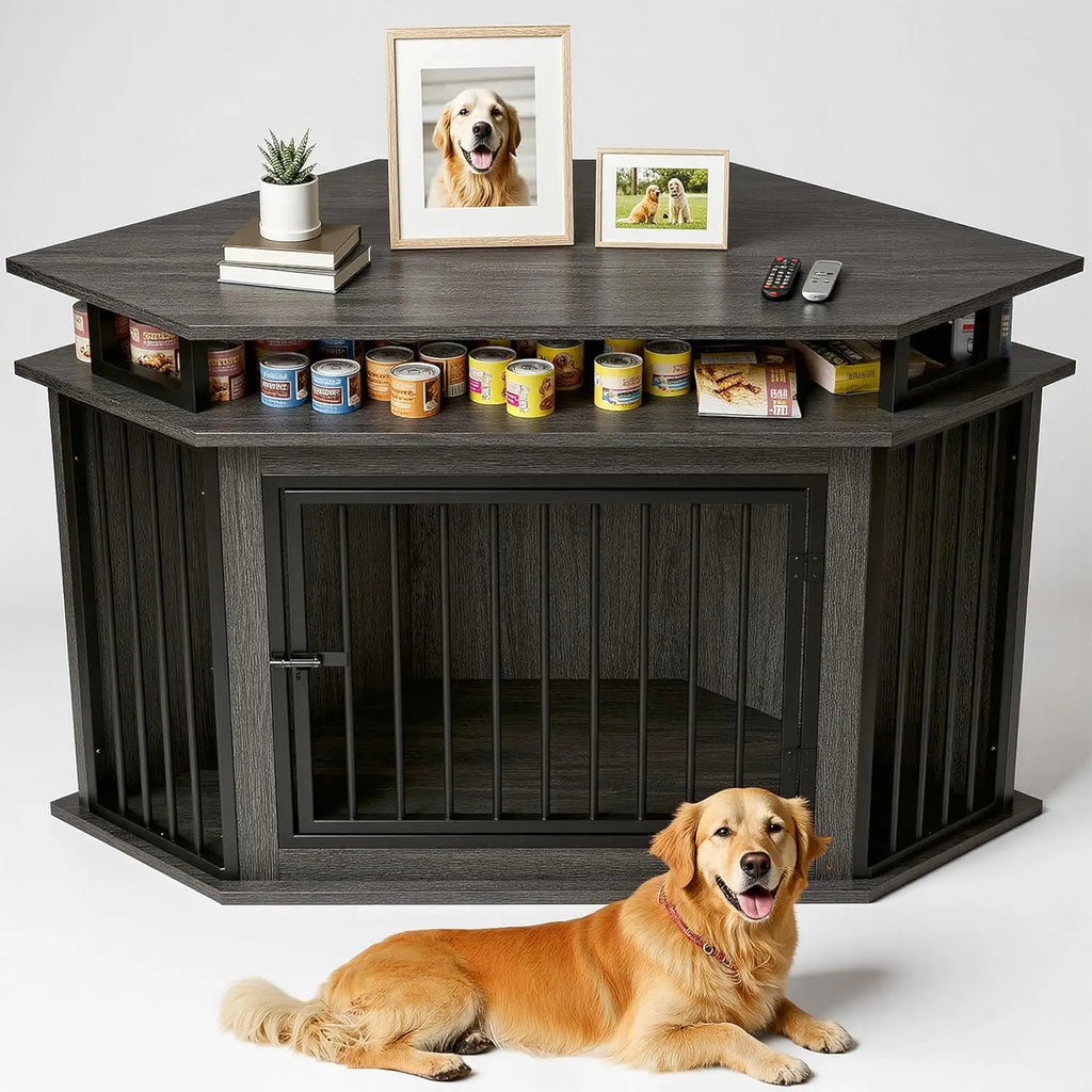 51" Corner Wooden Dog Crate with 2-Tier Shelves