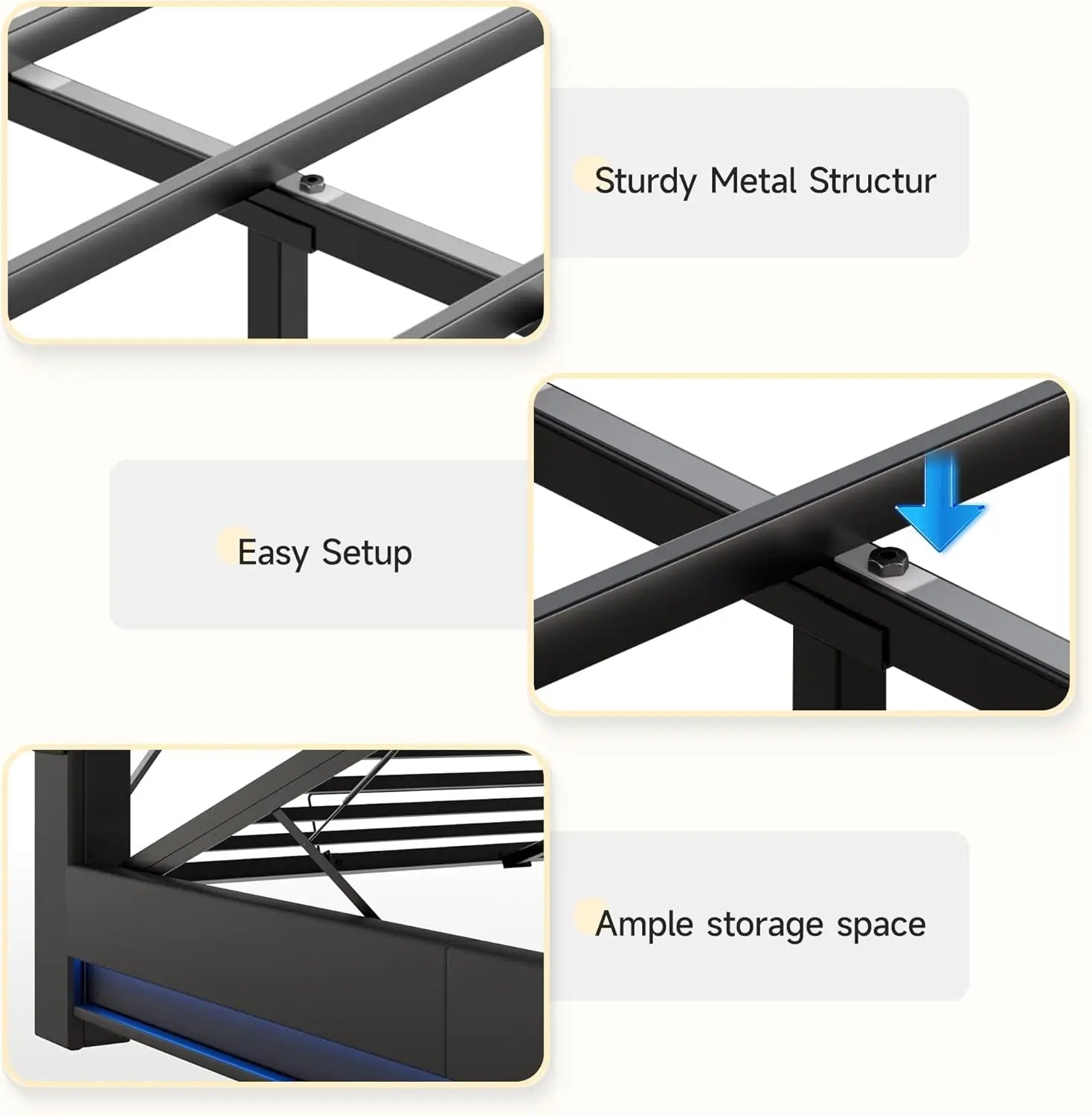 Queen Size Lift-Up Storage Bed Frame with LED Lights, Charging Station & Noise-Free Design