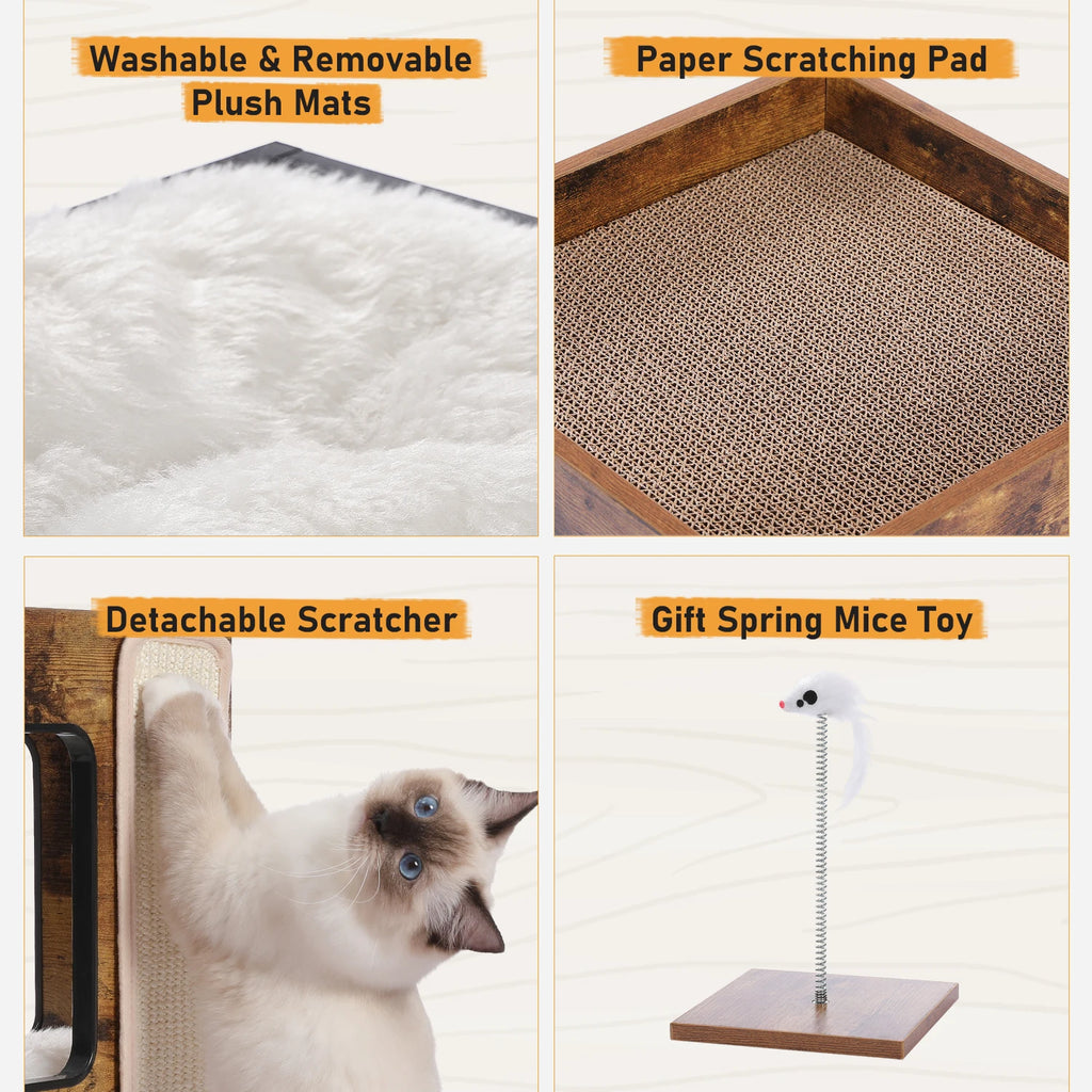 Wood Cat Condo House Bed with Removable Soft Mats, Scratching Pad