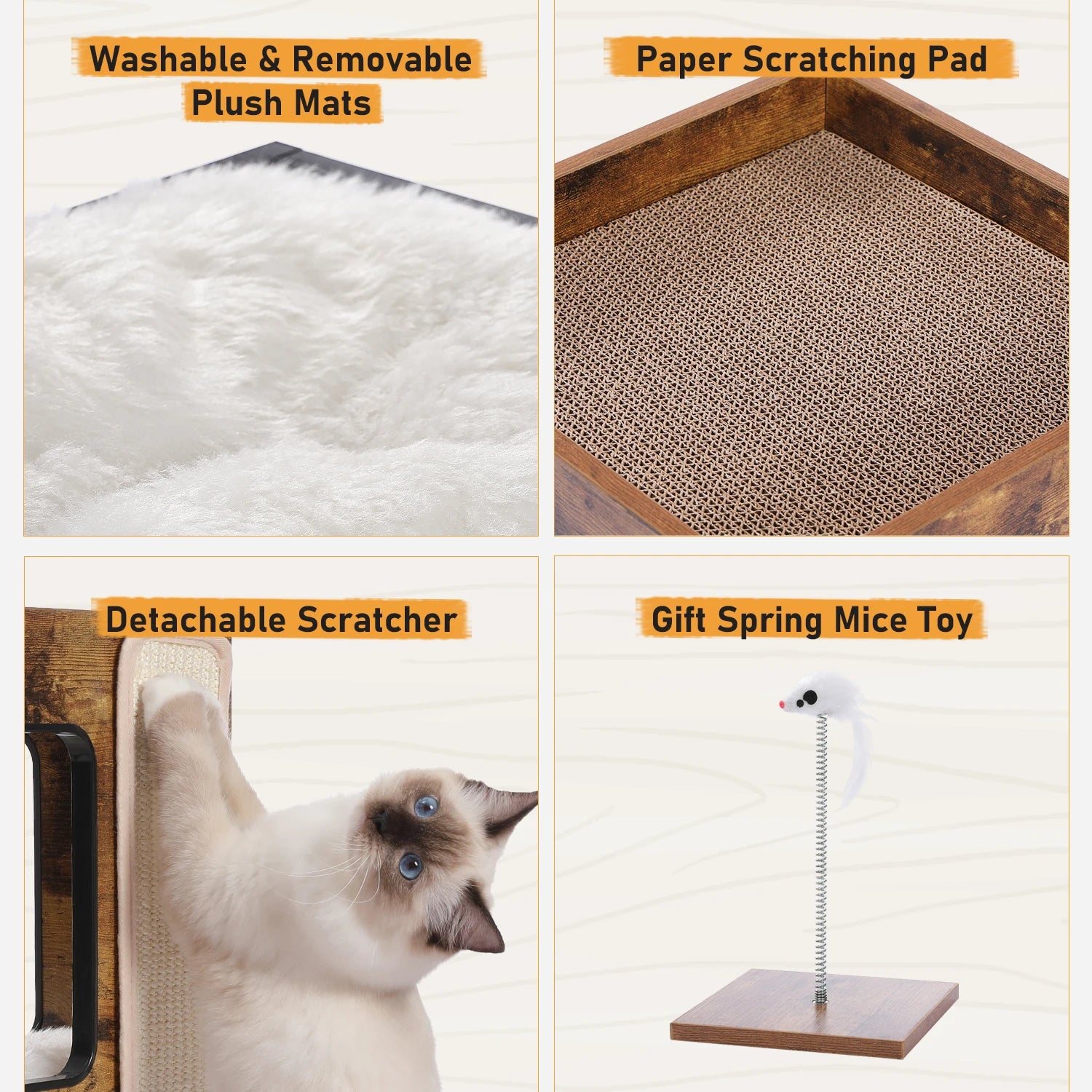 Wood Cat Condo House Bed with Removable Soft Mats, Scratching Pad