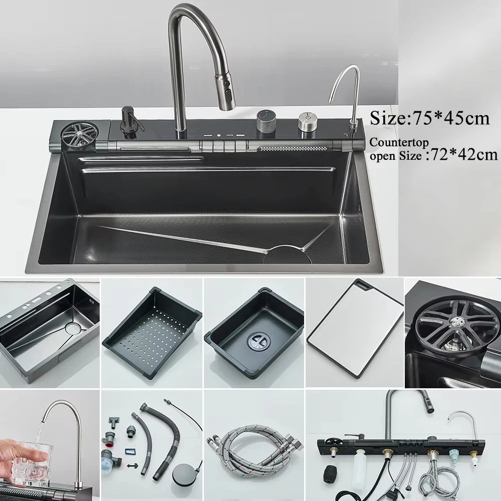304 Stainless Steel Waterfall Kitchen Sink Large Single Slot