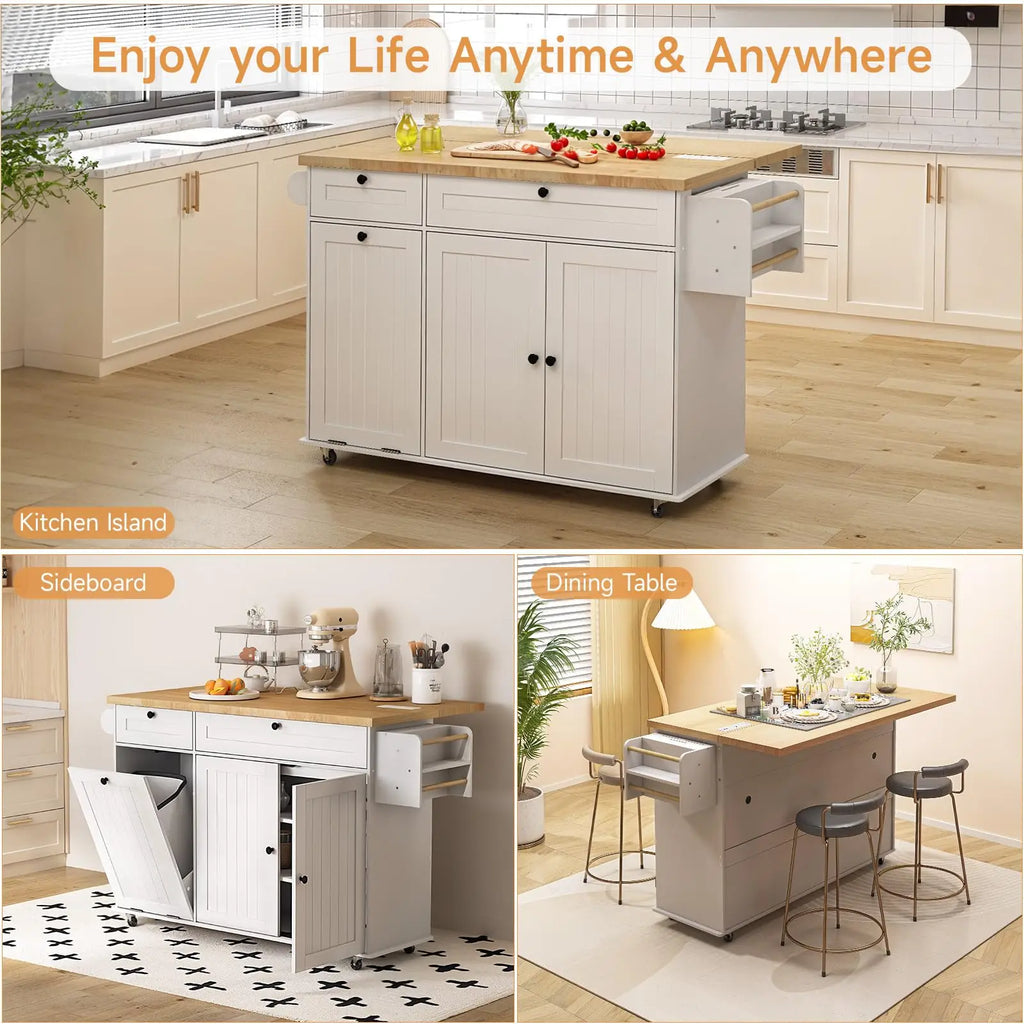 60" Mobile Kitchen Island Table Drop Leaf Home Carts with Power Outlet Spice Towel Rack Trash