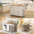60" Mobile Kitchen Island Table Drop Leaf Home Carts with Power Outlet Spice Towel Rack Trash