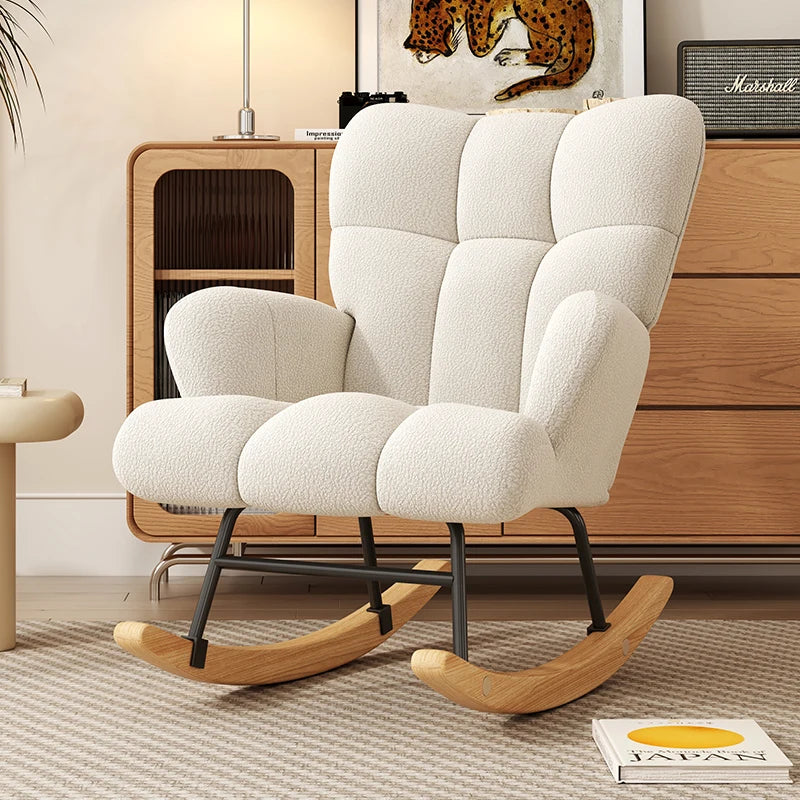 High-Back Armchair with Padded Seat, Velvet Fabric, Solid Wood, Soft-Covered Rocking Chair