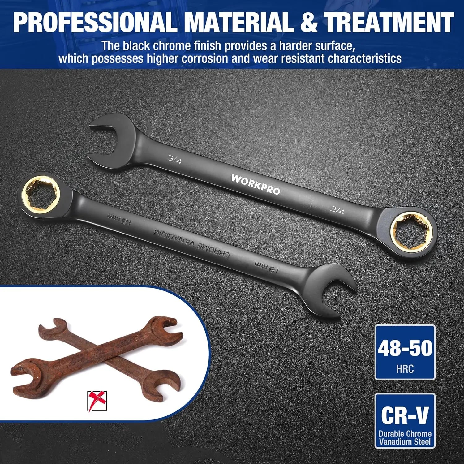 22-Piece Ratcheting Wrench Set with Anti-Slip Teeth, Metric 6-18mm & SAE 1/4-3/4, Black Coating