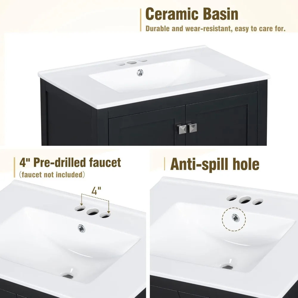 60" Bathroom Vanity with Double Sink, Solid Wood Bathroom Cabinet with 2 Drawers, Storage Racks & 2 Cabinets, Separate Two 30 In