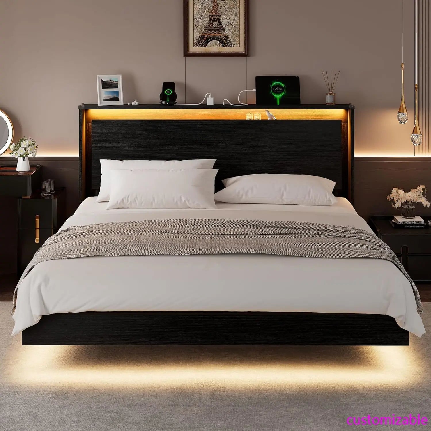 King Size Bed Frame with LED Lights & Charging Station