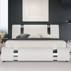 Modern Faux Leather Bed Frame with Iron Pieces Decor, Low Profile Platform Bed Adjustable Headboard