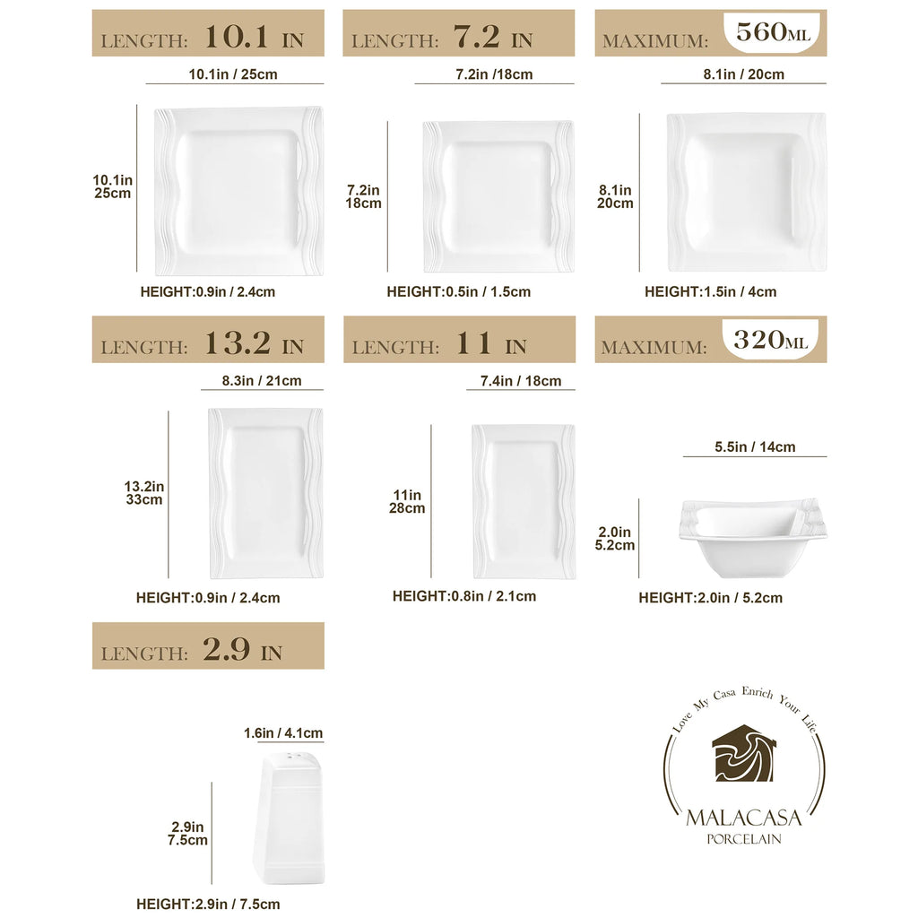 Square Dinnerware Sets 28 Piece White Porcelain Plates and Bowls Set Salt Pepper Pot Salad Pasta Bowls Dinner Set