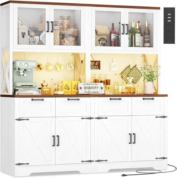 71" Tall Kitchen Pantry Storage Cabinet with LED Light & Outlet