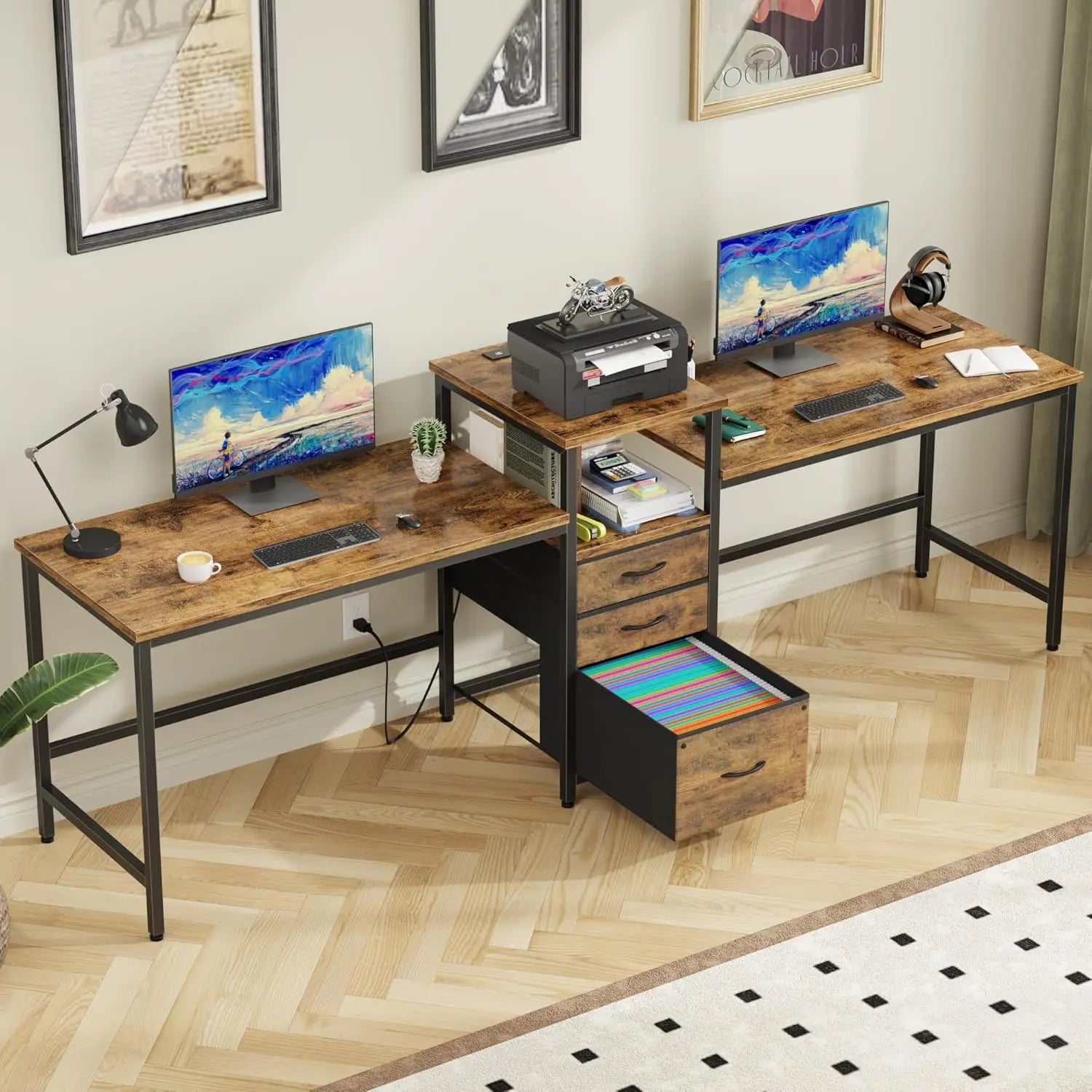 93-Inch Two-Person Desk with Charging Station, 3 Drawers & Printer Shelf for Home Office