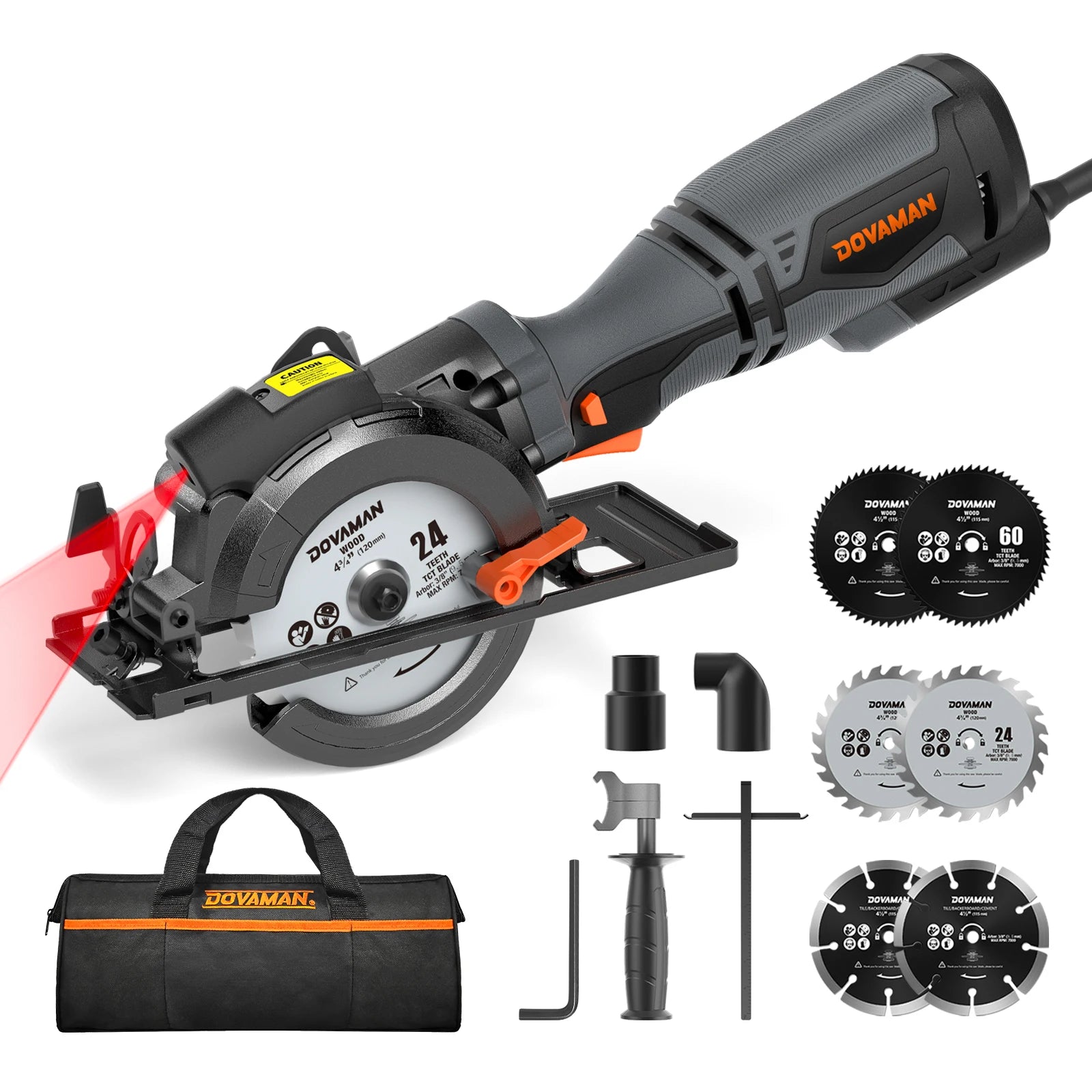 4-1/2" Circular Saw, Laser Guide, Metal Handle, 6 Blades, 1-11/16"(90°) Cut Depth, for Wood, Metal & Tile
