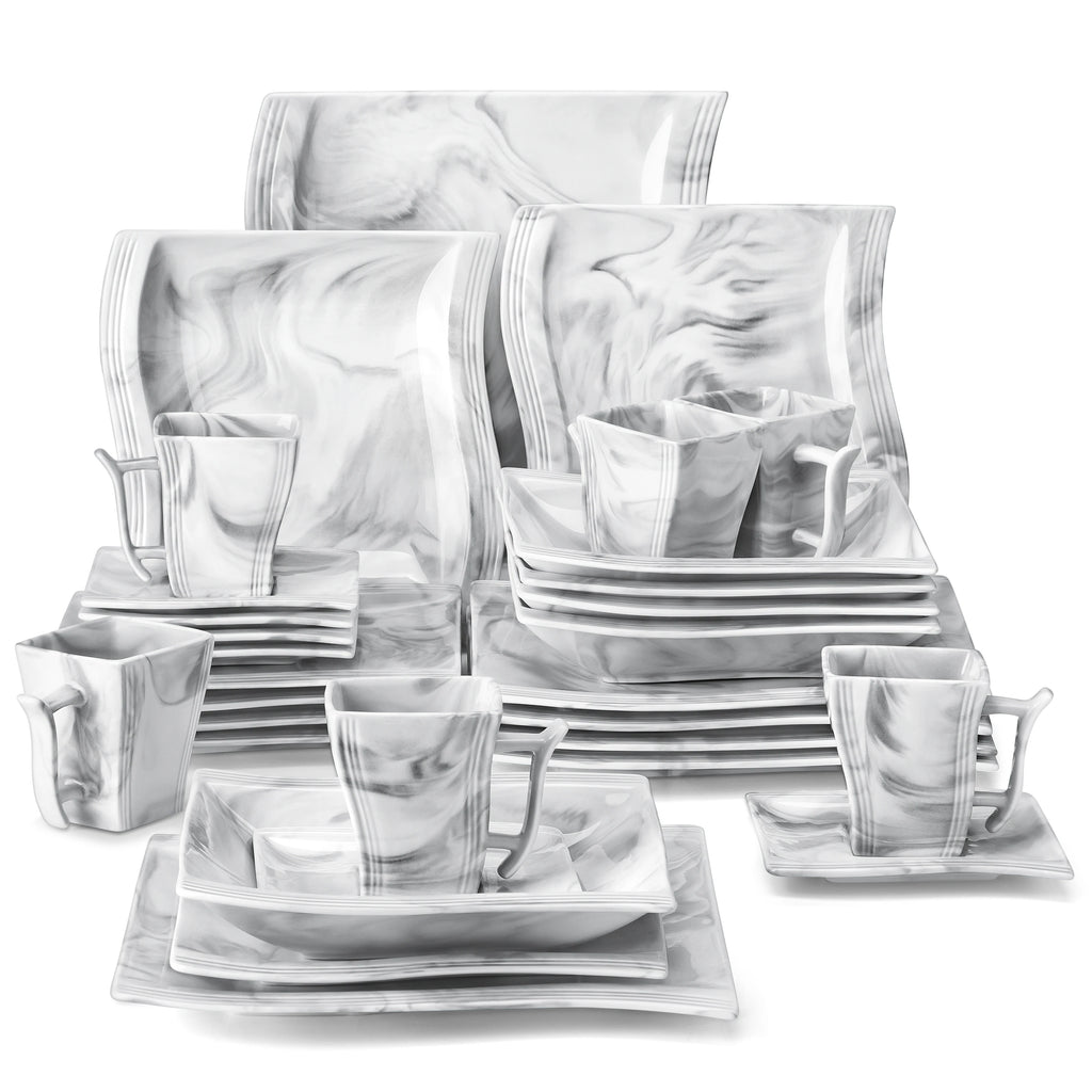 MALACASA 30 Piece White Porcelain Dinner Set with 6PCS Dinner Plate/Dessert/Soup/Mug/Saucer Tableware Set for 6-12 Person