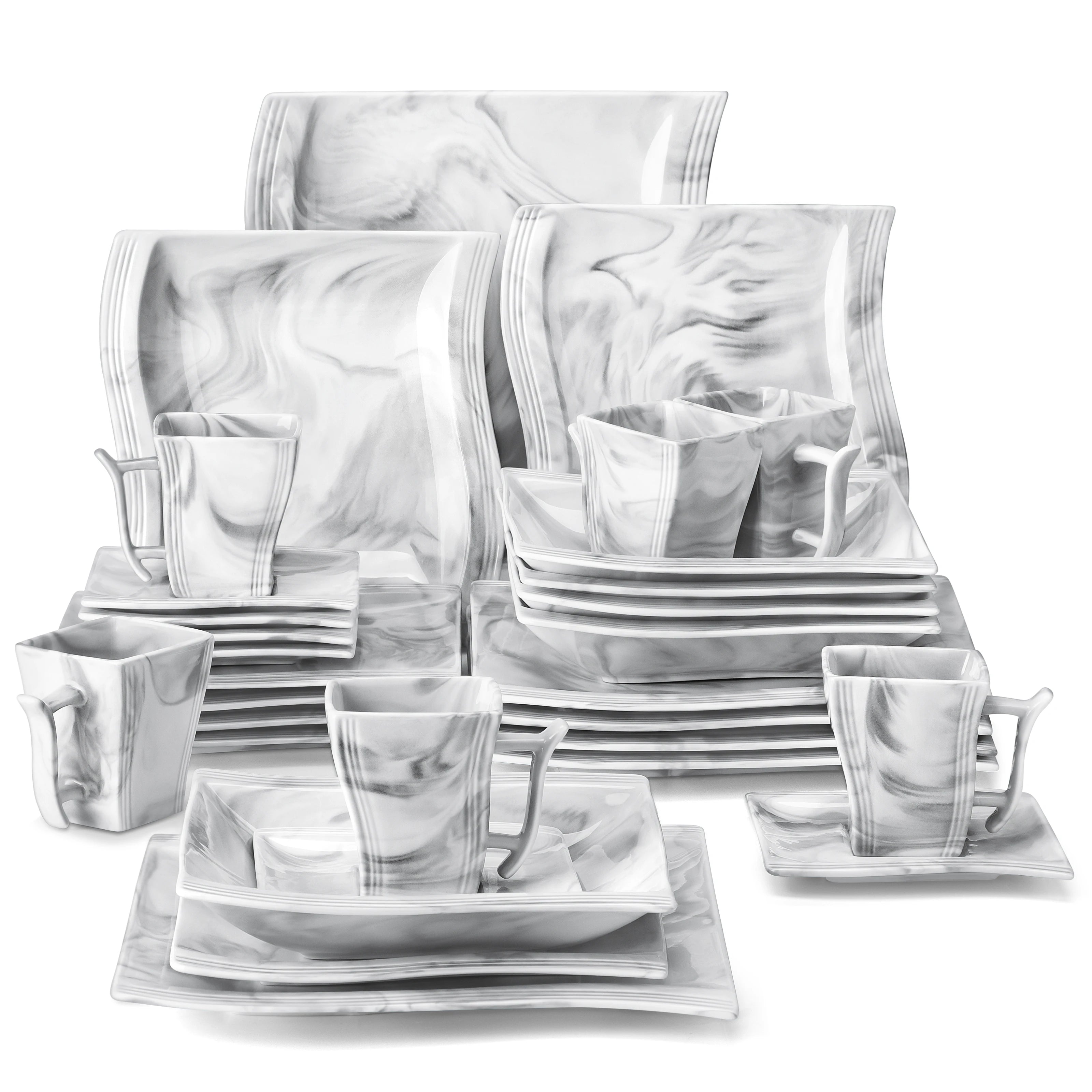 MALACASA 30 Piece White Porcelain Dinner Set with 6PCS Dinner Plate/Dessert/Soup/Mug/Saucer Tableware Set for 6-12 Person