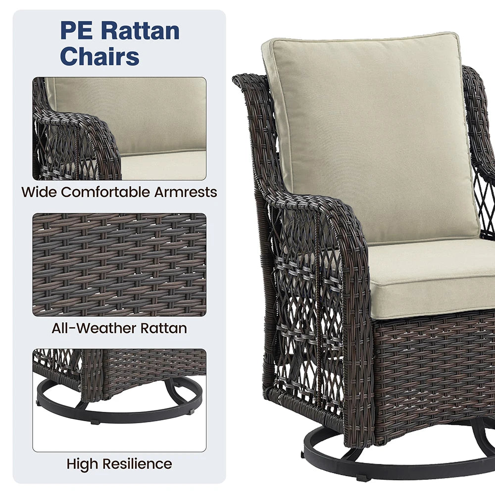 3-Piece Wicker Swivel Rocking Patio Set, 2 Chairs & Glass Table
