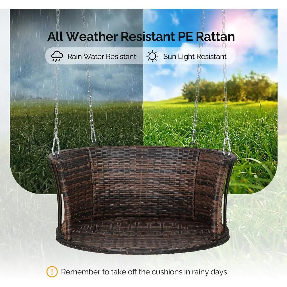 1-Person Use Round Rattan Porch Swing Outdoor Support 440 LBS with Cushions & Adjustable Chains