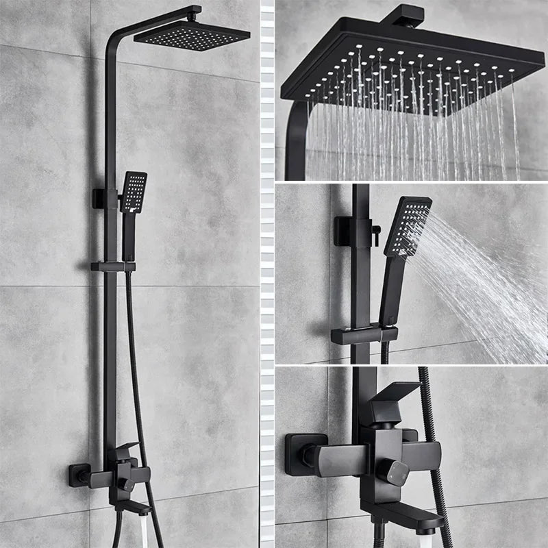 Luxury Bathroom Shower Faucet Wall Mounted Swivel Spout Shower Set Square Rainfall Water Tap Mixer System Hot Cold Taps