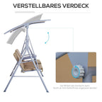 2 Person Outdoor Porch Swing with Stand Canopy, Pivot Storage Table, 2 Cup Holders, Cushions