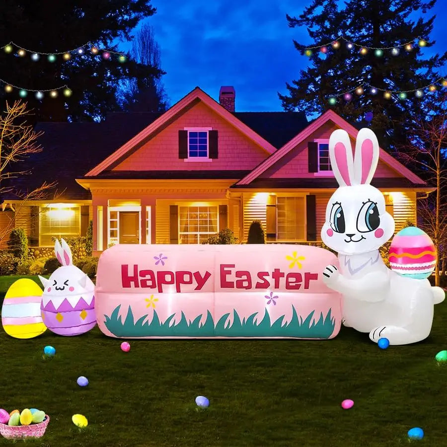 Easter Bunny Outdoor Decoration with Happy Easter Banner, Built in LED Lights, Blow Up Yard Decoration