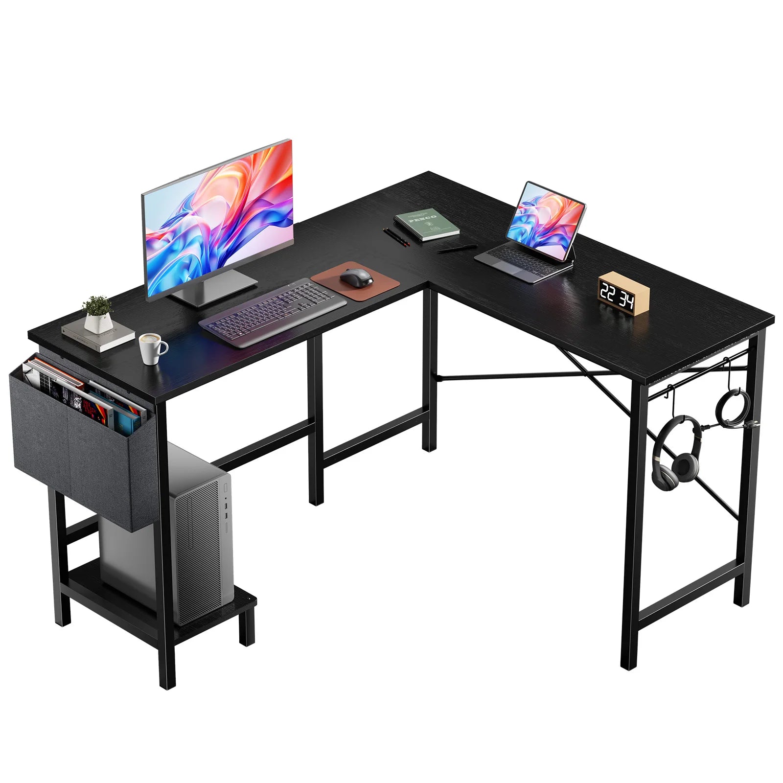 L Shaped Standing Office Computer Desk with Storage Bag and Side Hook