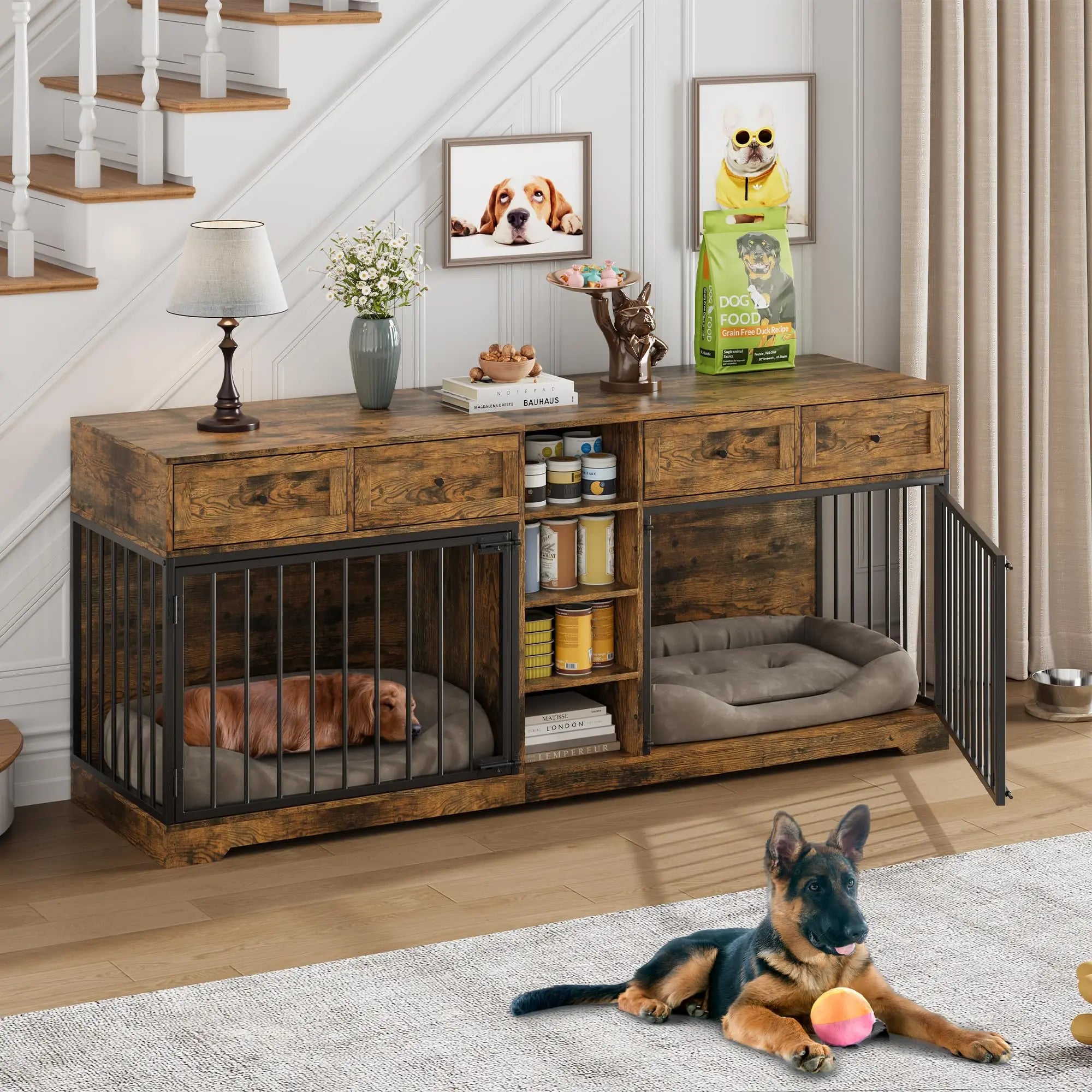 82'' Large Double Dog Crate TV Stand With 4 Drawers, Shelves