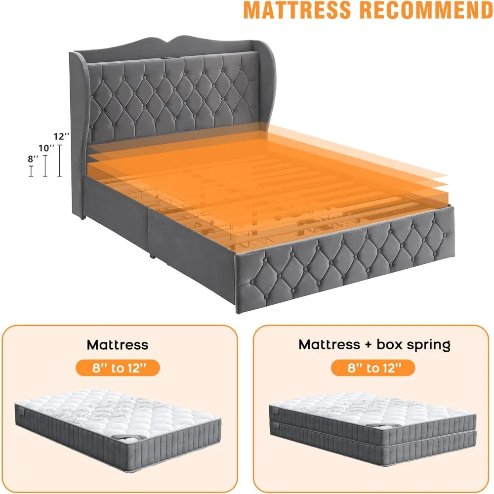 King Size Bed Frame, 4 Storage Drawers, Charging Station