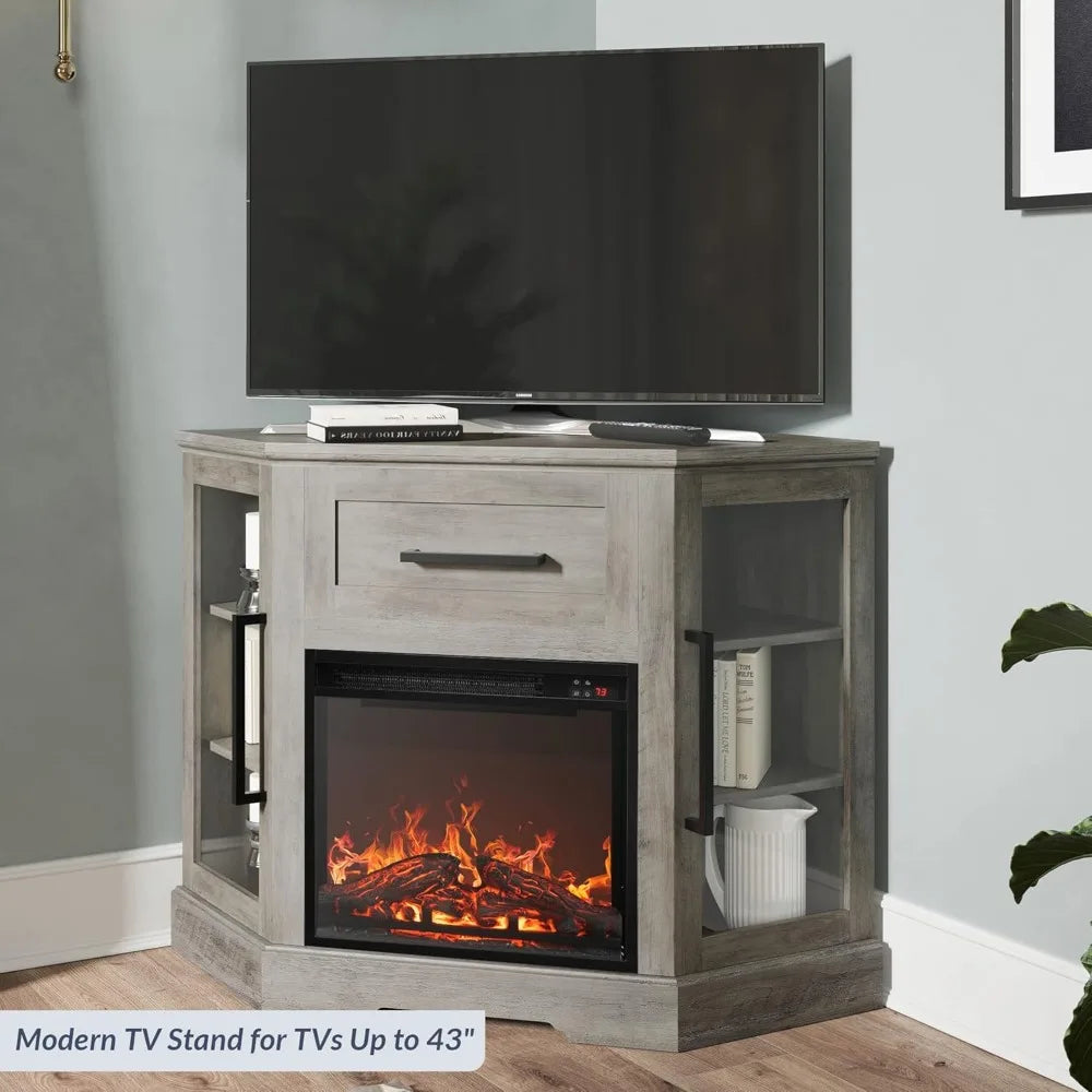 Corner TV Stand with 18" Electric Fireplace Heater for TVs up to 43"