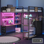 Twin Loft Bed with Desk, Twin Bed Frame with 6 Storage Drawers, 2 Bedside Organizer, 3 Movable Hooks, LED Lights