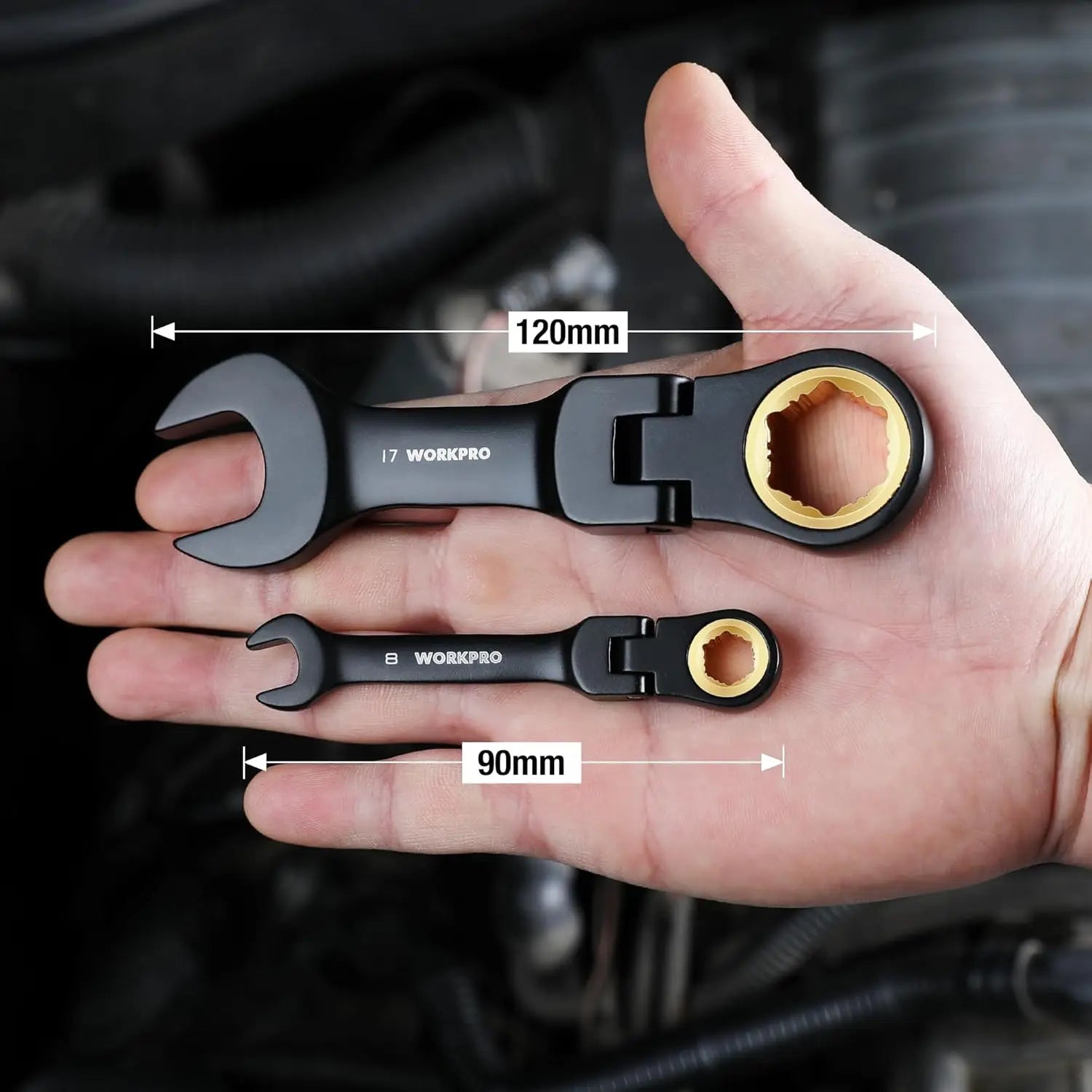 8-Piece Stubby Anti-slip Ratcheting Wrench Set, Metric 8-17mm, 72-Teeth, Flexible Head with Rolling Pouch