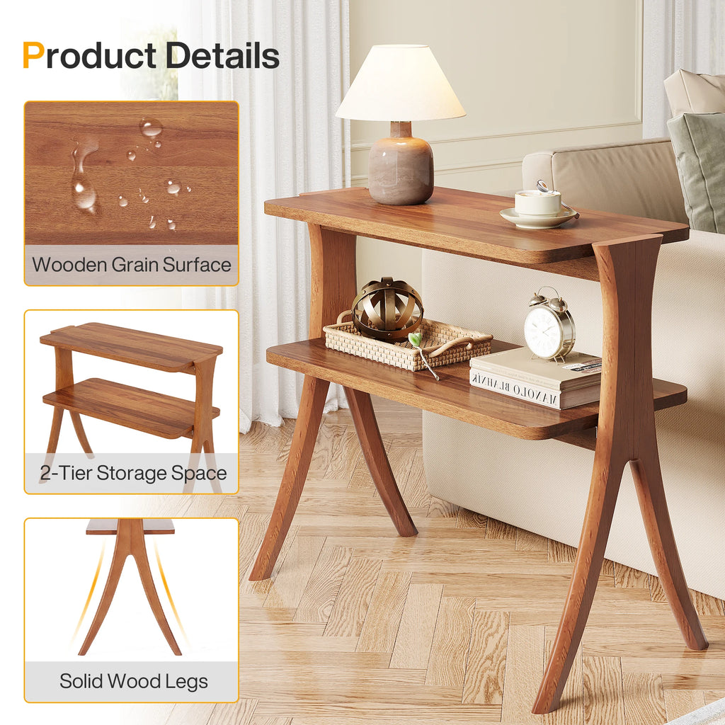 Narrow End Table with 2-Tier Storage Shelf and Solid Wood Legs, Slim Bedside Table