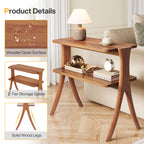 Narrow End Table with 2-Tier Storage Shelf and Solid Wood Legs, Slim Bedside Table