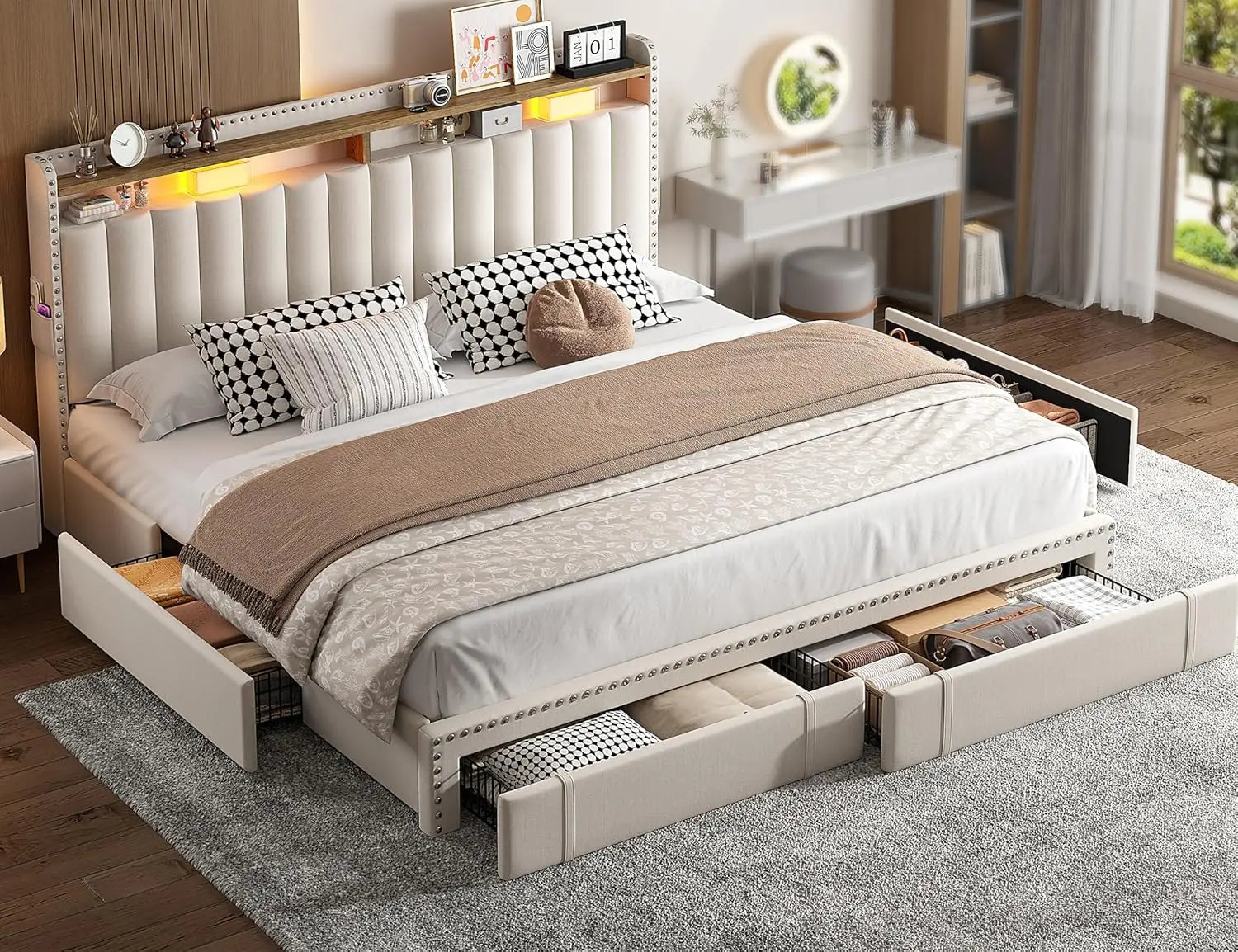 Upholstered King Bed Frame and headboard with 2-Tier Shelves, 4 Drawers