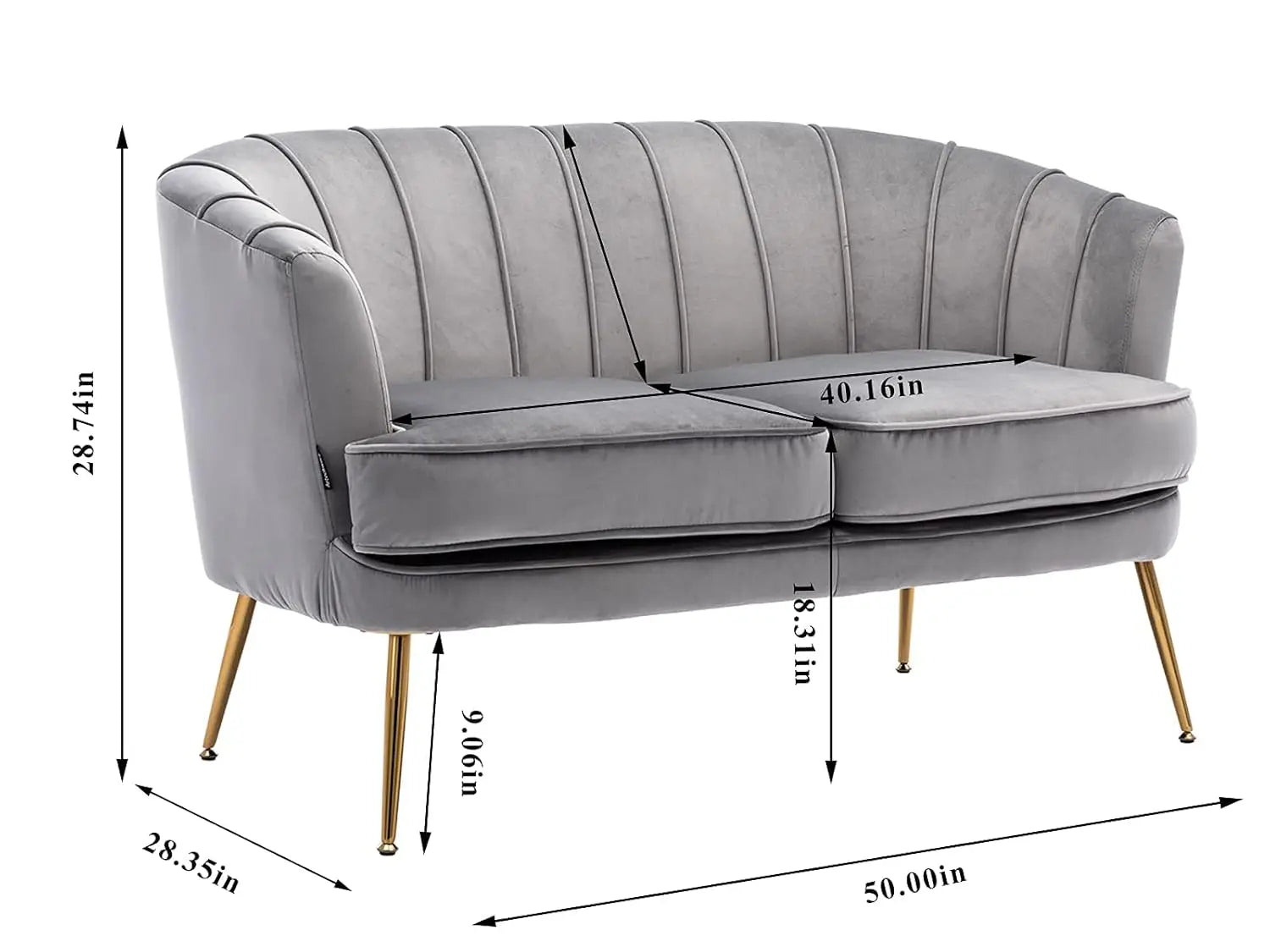 Contemporary Velvet Loveseat Chair with Gold-Finished Metal Legs, 2-Seat Sofa for Living Room, Bedroom, Home Office, Grey