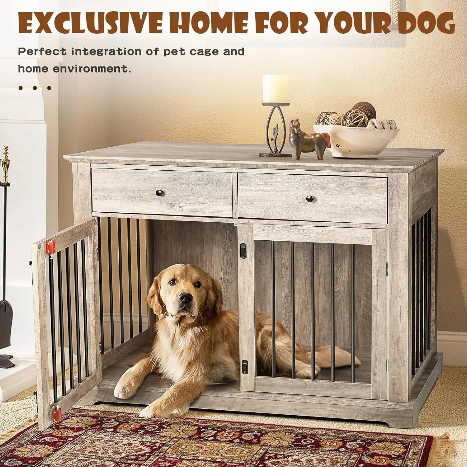 44 Inch Large Dog Crate Furniture with 2 Storage Drawers