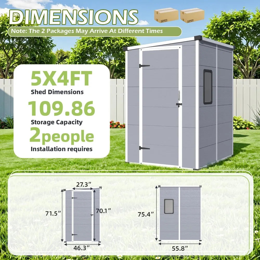 5 x 4 FT Resin Outdoor Storage Shed, All-Weather Plastic Garden Shed with Floor, Lockable Doors & Windows