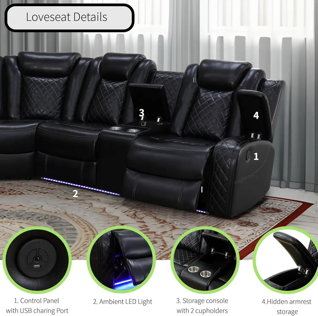 Power Recliner Sofa Sectional Sofa with LED Light for Living Room