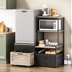 Mini Fridge Stand with Wine Rack, Power Outlet, Microwave Oven Stand, Coffee Bar