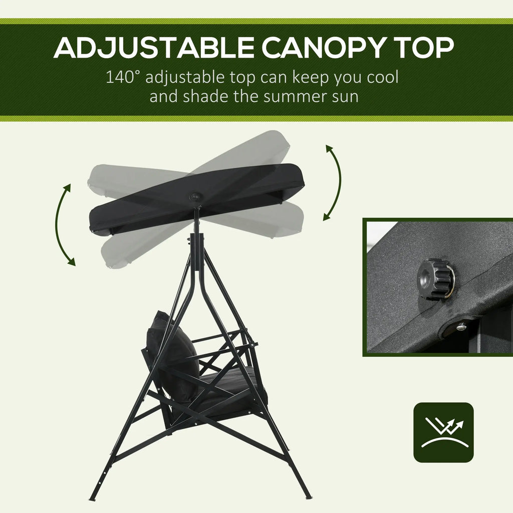 3-Seat Porch Swing Adjustable Canopy Cushion Black
