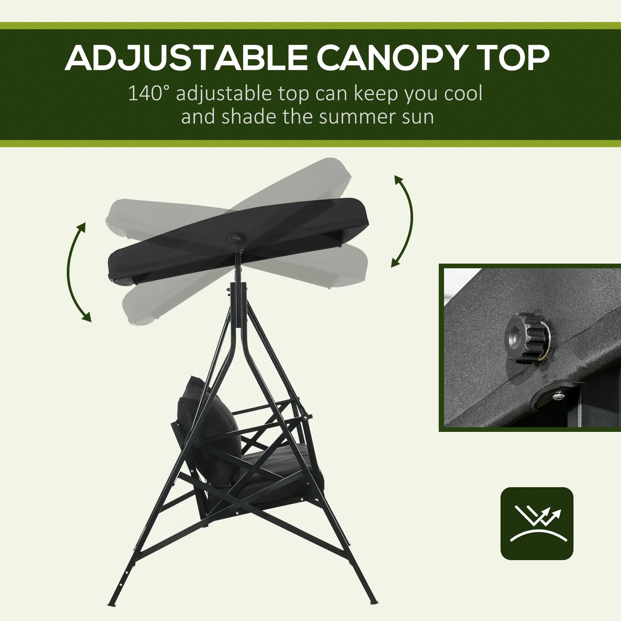 3-Seat Porch Swing Adjustable Canopy Cushion Black