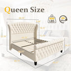 Queen Platform Bed Frame, 52.5" Tall Velvet Upholstered Sleigh Bed with Scroll Wingback Headboard & Footboard